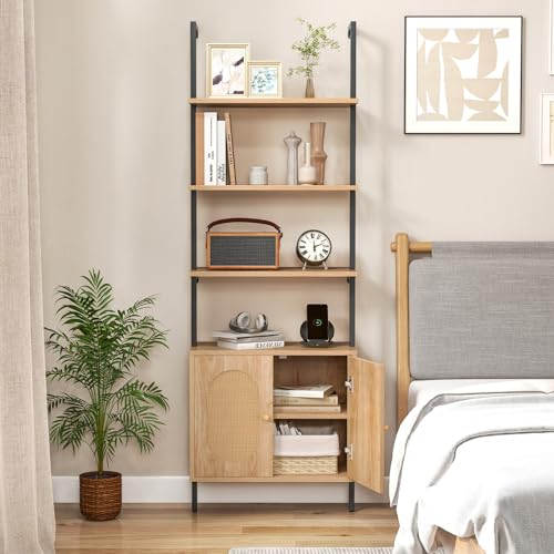 6-Tier Ladder Bookshelf with Cabinet, 71" Tall Wall Mount Shelf Bookcase with Metal Frame & Rattan Cabinet Bottom S776
