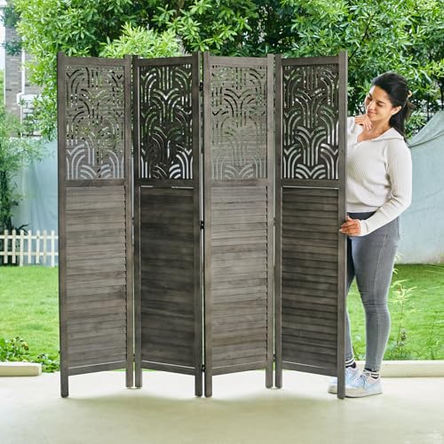 4 Panel Gray Wood Carved Folding Room Divider U138