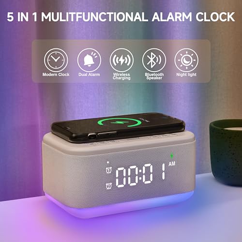 Gray Digital Alarm Clock with Bluetooth Speaker and Wireless Charger C580