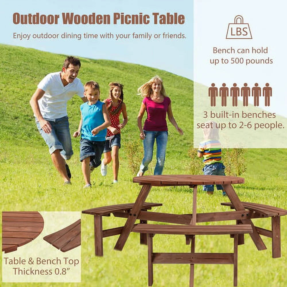 6-Person Circular Outdoor Wooden Picnic Table with 3 Built-in Benches Y52951
