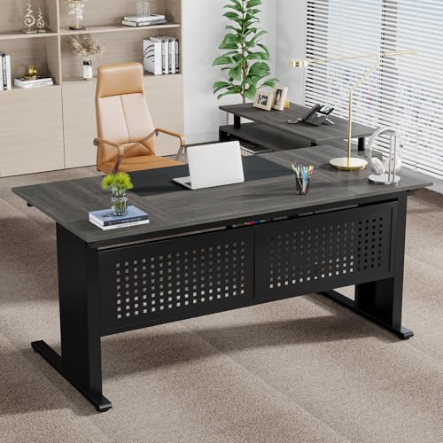 Gray and Black L Shaped Executive Desk with File Cabinet and Drawers K4845