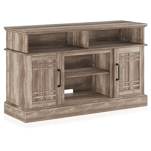 White Wood TV Stand with Open Storage Shelves and Cabinets E7926