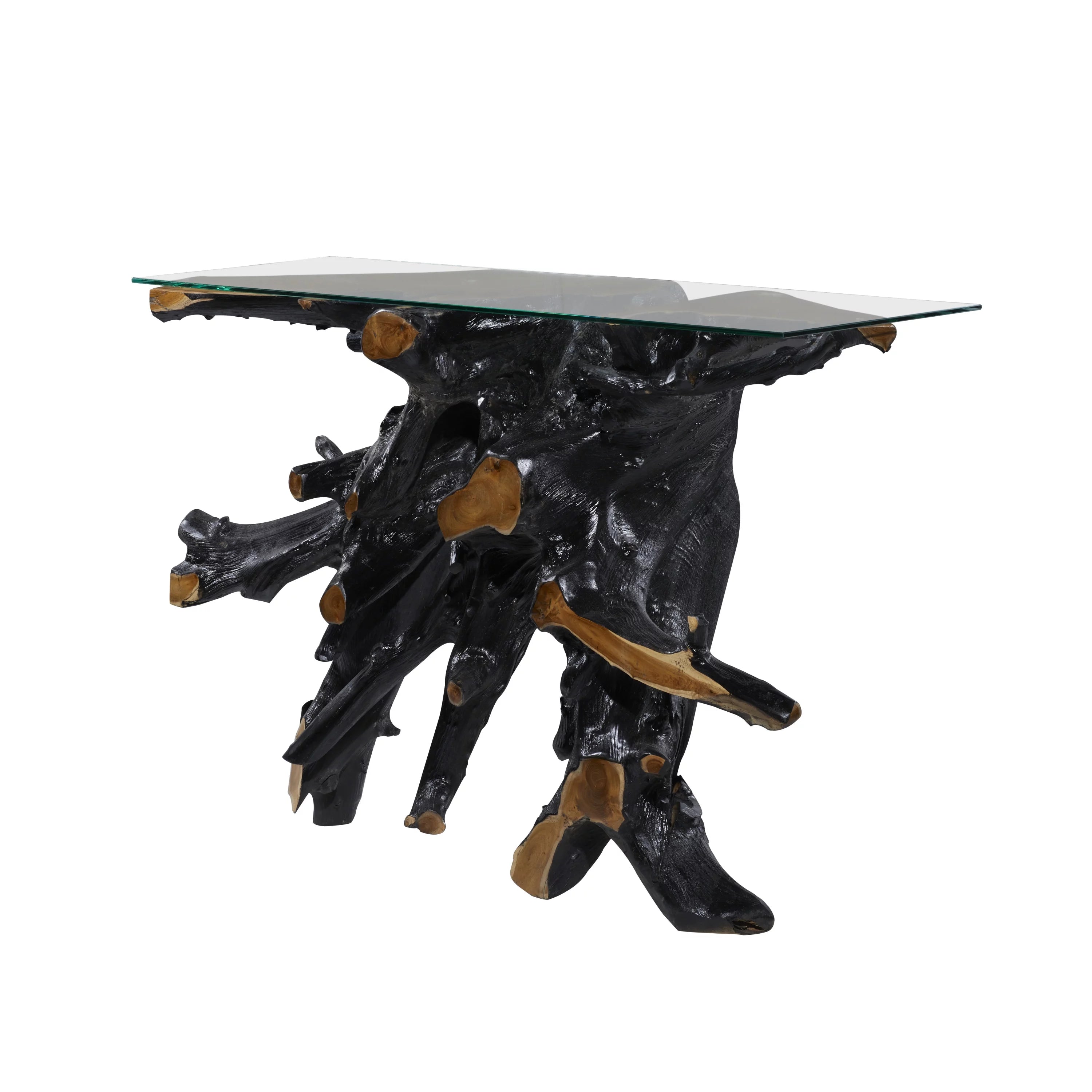 Black Teak Wood Console Table with Clear Glass Top H778869