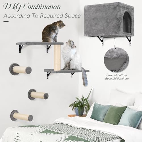 5-in-1 Wall-Mounted Cat Climber Set with House, Bridge, Steps, Scratcher, Hammock, Shelves E936035
