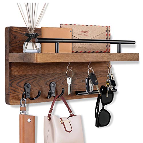 Wooden Mail Organizer Wall Mount with 5 Key Hooks O88638