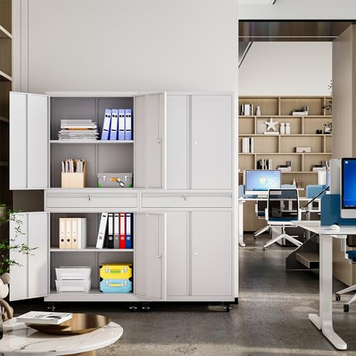 White Metal Storage Cabinet with Wheels and Locking Drawer A56320
