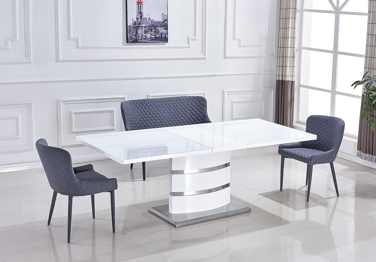 Extendable Dining Table with Butterfly Leaf, White High Gloss Lacquer MDF Base, Stainless Steel, 8 to 12 Person W890675