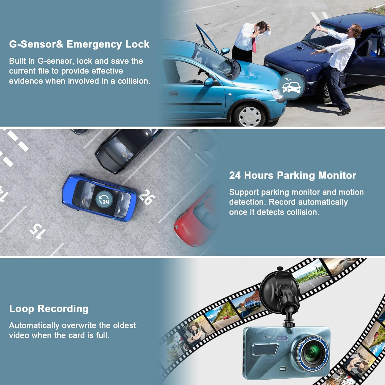 720P HD Dual Dash Cam with Night Vision and 4 inch LCD Display V3393