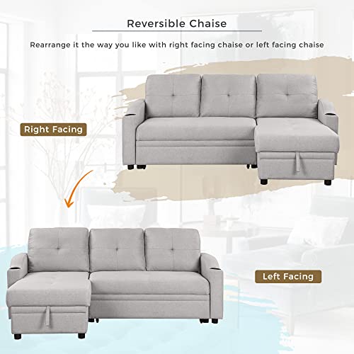 80.3" Linen Fabric 3 Seater Sofa Bed with Storage Chaise W6260