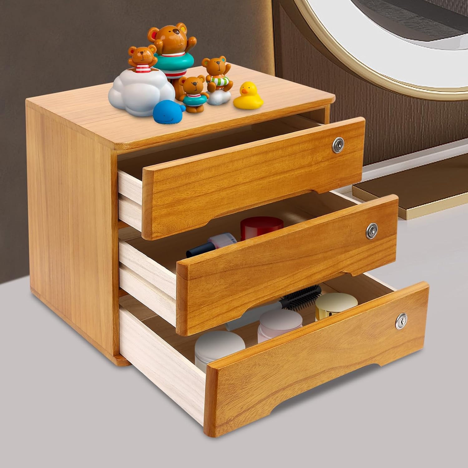 3-Tiers Wooden Desktop Storage Box with Lockable Drawers C679885