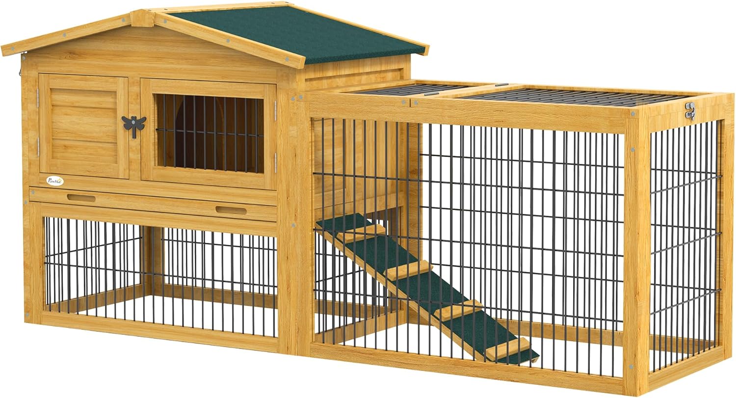 Yellow Wooden Rabbit Hutch with Removable Tray N1778