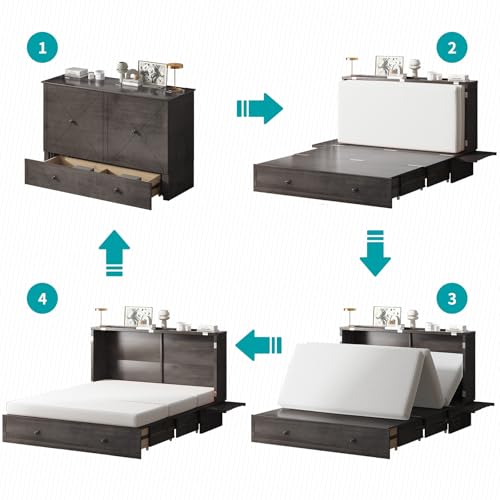Murphy Bed with USB Charging Station, Memory Foam Queen Size Mattress, Storage Drawer N782