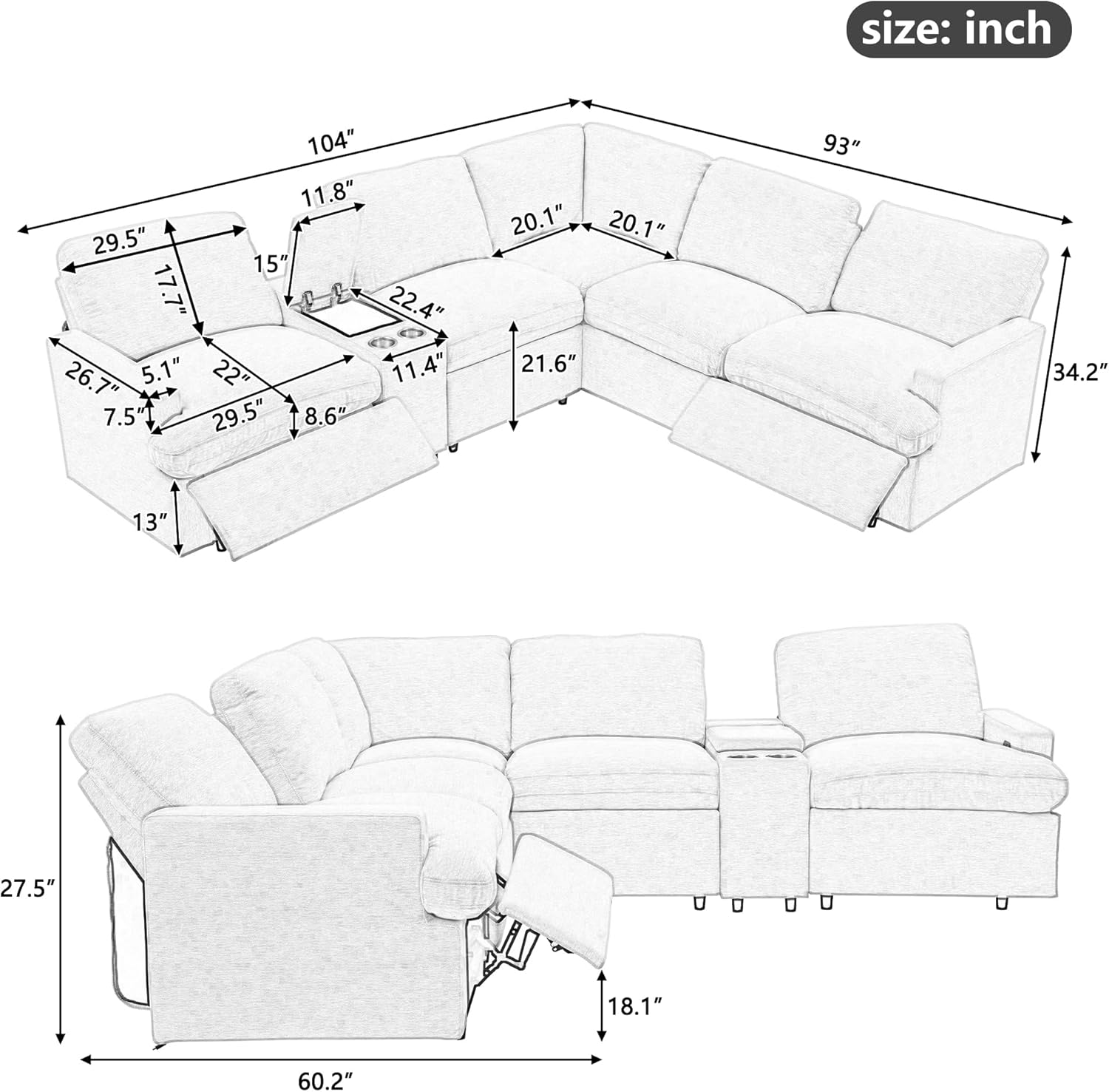 104'' L-shaped Power Recliner Sofa Couch with Storage Box, Cup Holders, USB Ports, Dark Grey Q10858