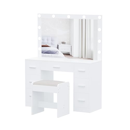 White Vanity Desk with Lighted Mirror and Drawers V85958