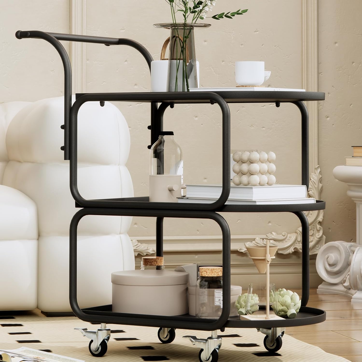 Matte Black 3-Tier Rolling Metal Bar Cart with Lockable Wheels R64576