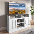White Wood TV Stand with Open Storage Shelves and Cabinets E7926