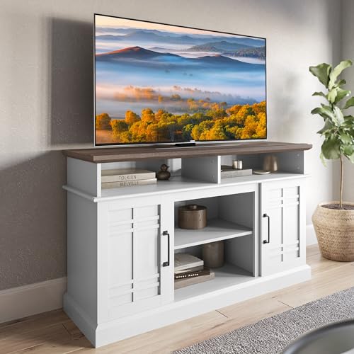 White Wood TV Stand with Open Storage Shelves and Cabinets E7926