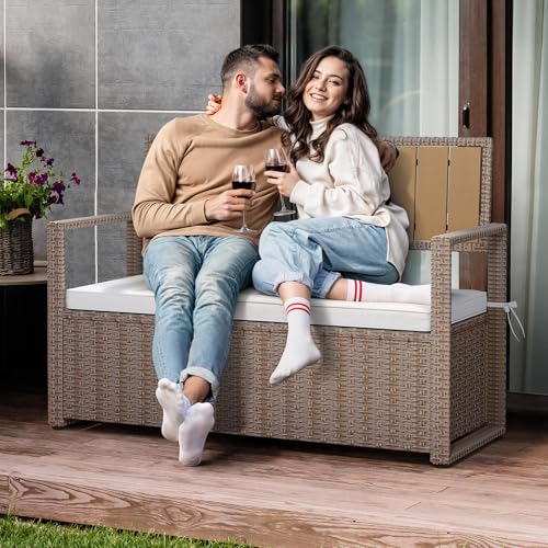 Black Beige 90 Gallon Outdoor Wicker Storage Bench with Cushion D280508