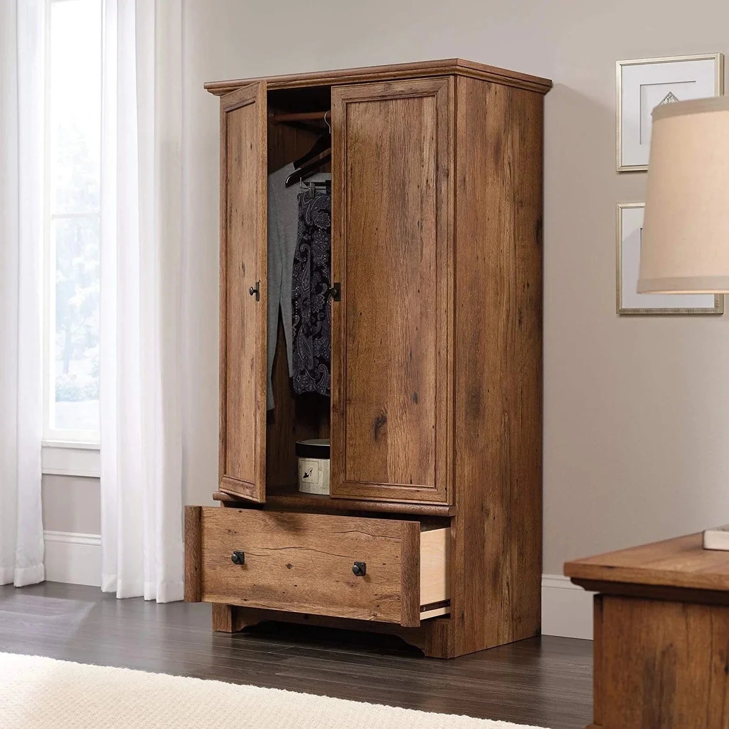 Rustic Oak Drawer and Garment Rod Wardrobe Armoire L80283