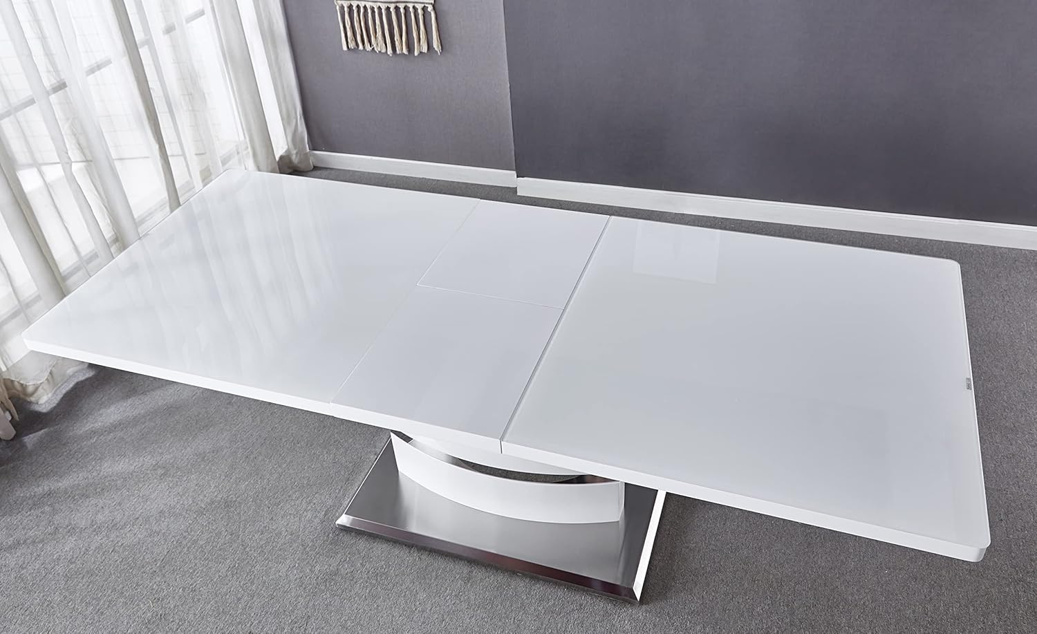 Extendable Dining Table with Butterfly Leaf, White High Gloss Lacquer MDF Base, Stainless Steel, 8 to 12 Person W890675