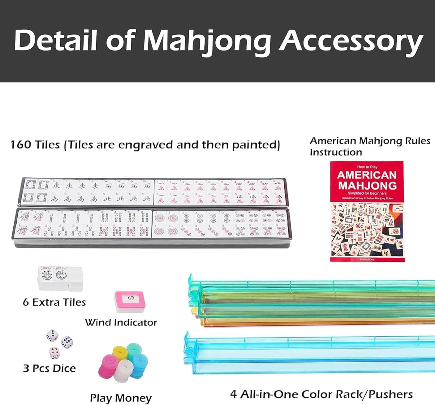 166 White Tiles Mahjong Game Set with 4 Color Rack Pushers, Black Carrying Bag, Mat with 3 Dice G5683