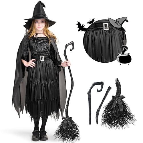 Classic Kids Witch Costume Black Witch Dress with Broom and Hat XL Q3327