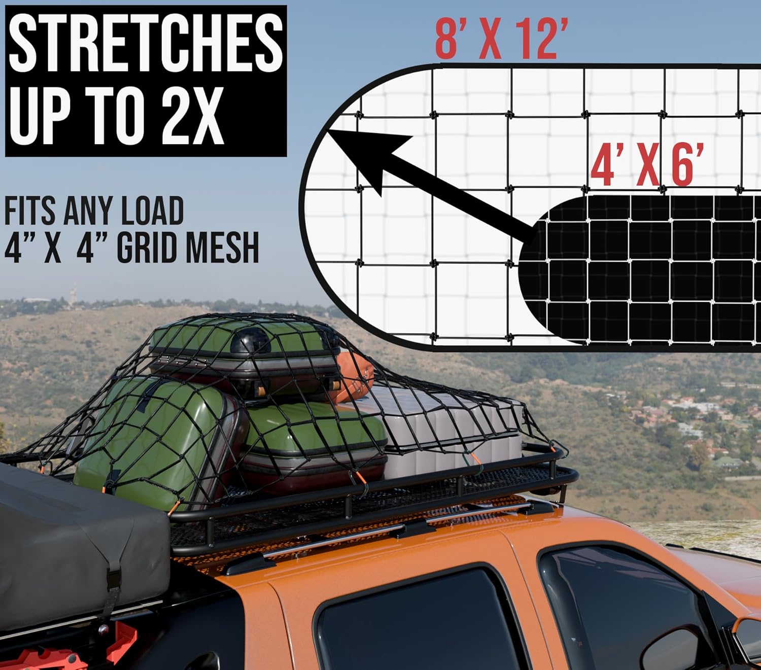 4'x6' Stretches to 12'x8.5' Durable Latex Mesh Bungee Cargo Net with 12 Metal Carabiners S6920