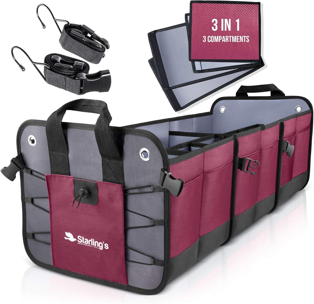 Black 3 Compartments Car Trunk Organizer H196070