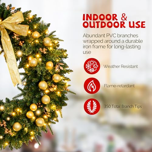 48 Inch Pre-lit Artificial Christmas Wreath with 150 LED Lights and 450 PVC Branch Tips L7424