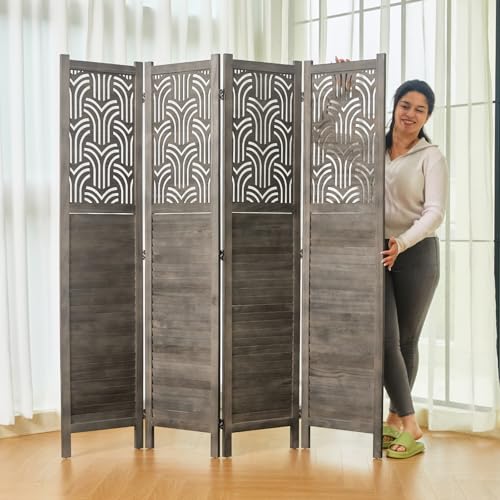 4 Panel Gray Wood Carved Folding Room Divider U138