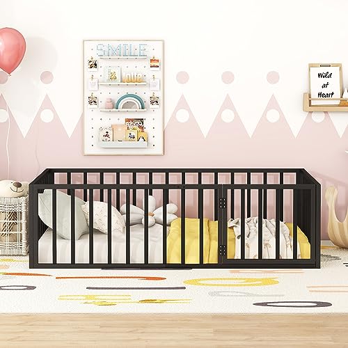 Full Montessori Floor Bed with Door (Black) L720405