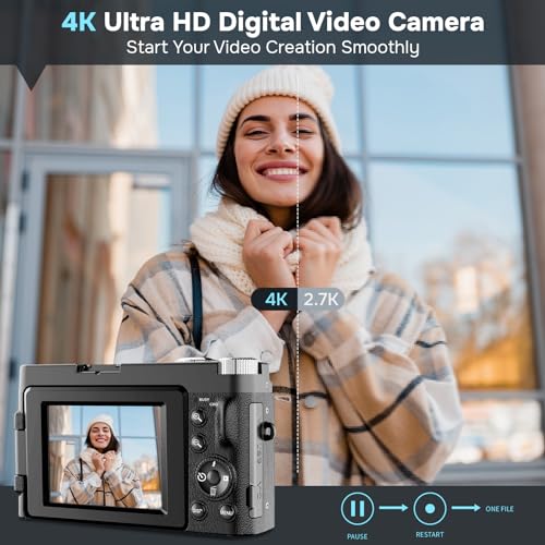 48MP Digital Camera with 16X Digital Zoom, 3" Flip Screen, 2 Batteries H4618