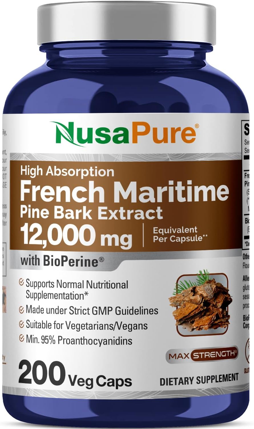 French Maritime Pine Bark Extract 12,000 mg Veggie Caps 200-Day Supply U7168