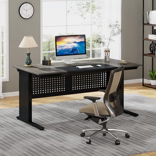 Gray and Black L Shaped Executive Desk with File Cabinet and Drawers K4845