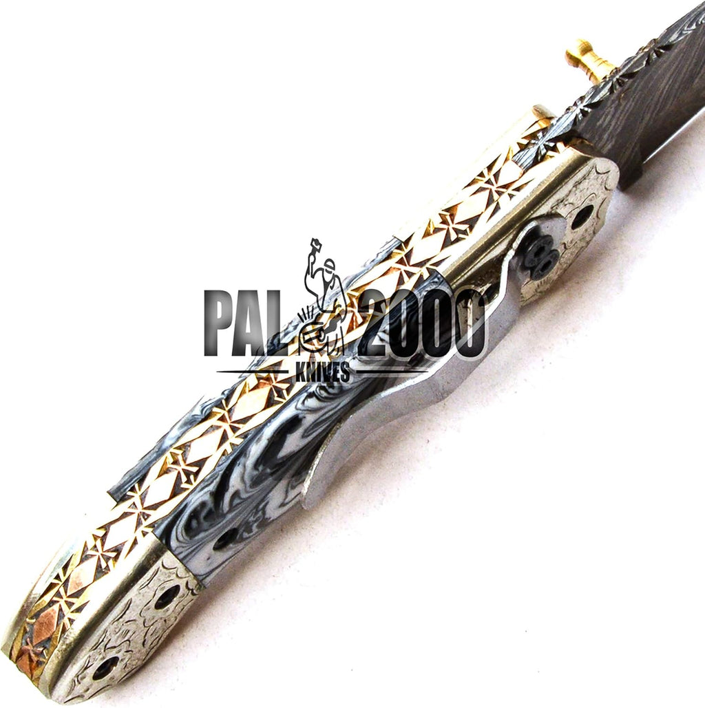 Handmade Damascus Steel Folding Pocket Hunting Knife with Sheath P1925