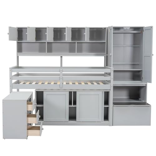 White Low Wood Loft Bed Twin Size with Rolling Desk and Drawers X6776