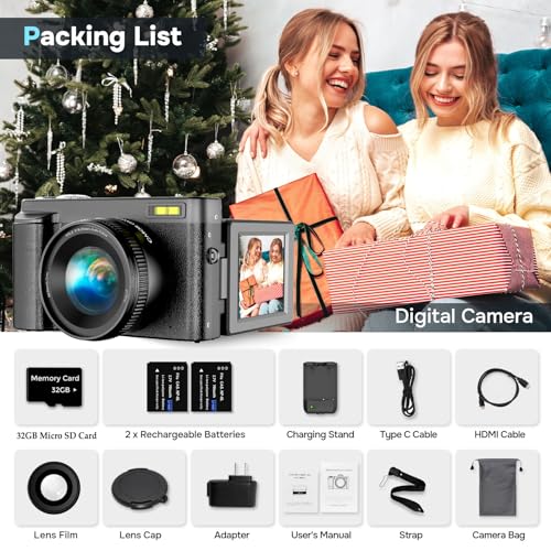 48MP Digital Camera with 16X Digital Zoom, 3" Flip Screen, 2 Batteries H4618
