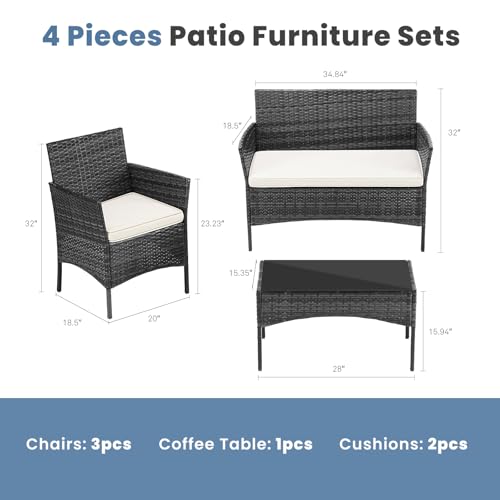 Black 4 Piece Outdoor Wicker Patio Furniture Set with Coffee Table and Sofa Y795177
