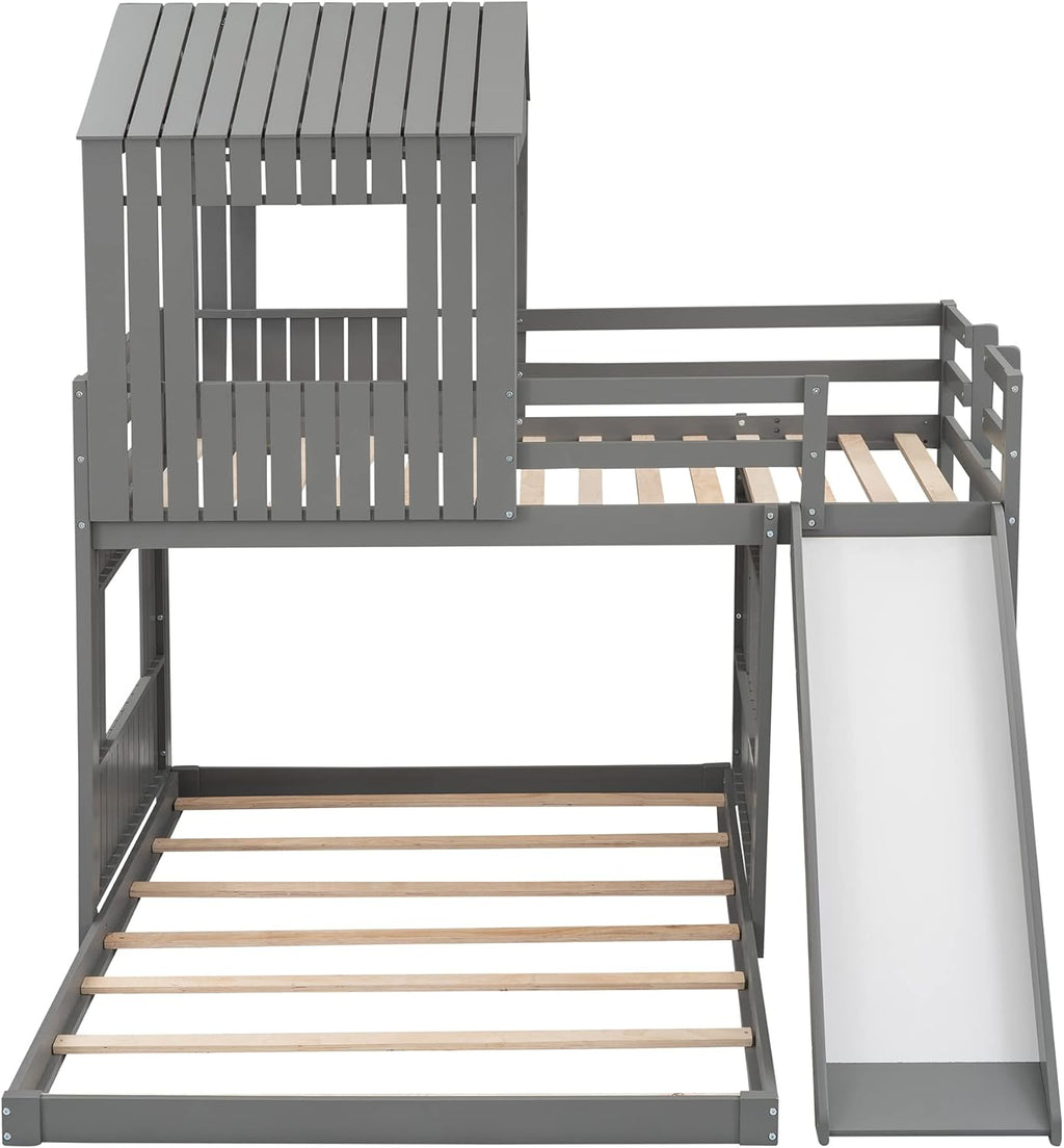 Gray Wood Twin Over Full Bunk Bed with Ladder and Slide J79221