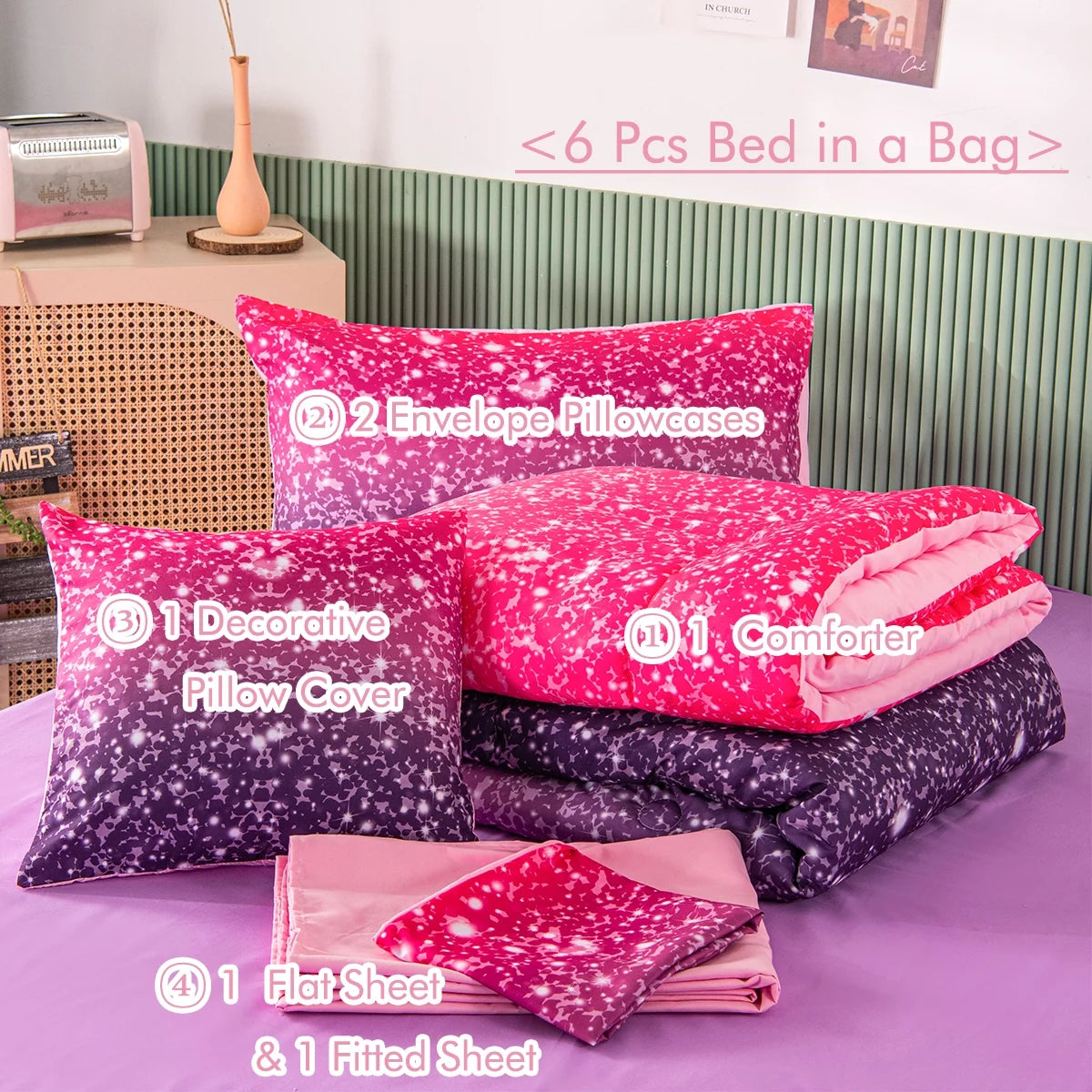 6Pcs Twin Gradient Pink Purple Glitter Comforter Sets R2313
