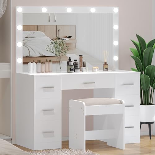 White Vanity Desk with Lighted Mirror and Drawers V85958