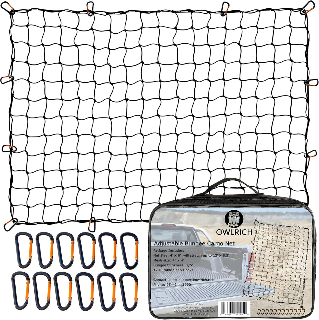 4'x6' Stretches to 12'x8.5' Durable Latex Mesh Bungee Cargo Net with 12 Metal Carabiners S6920