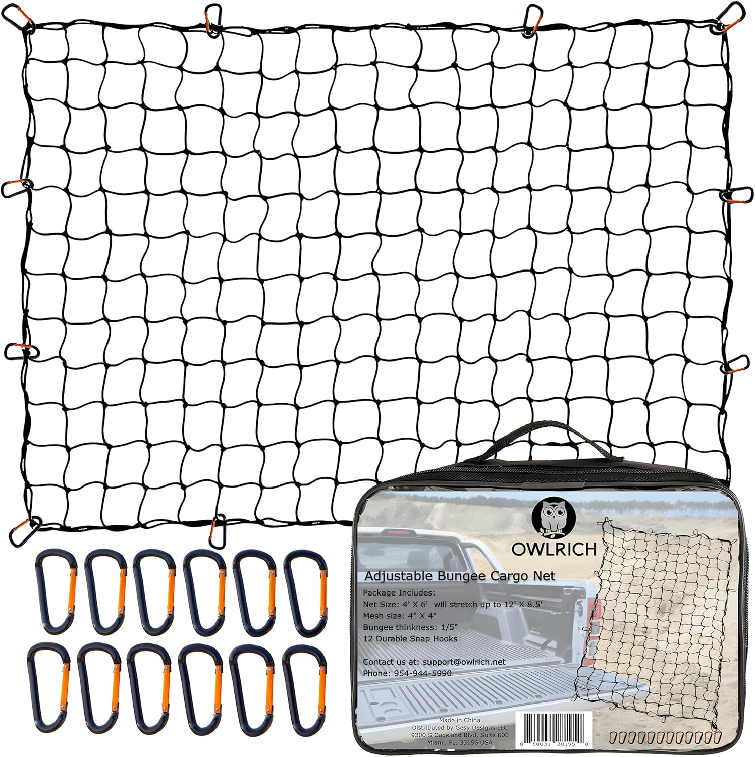 4'x6' Stretches to 12'x8.5' Durable Latex Mesh Bungee Cargo Net with 12 Metal Carabiners S6920