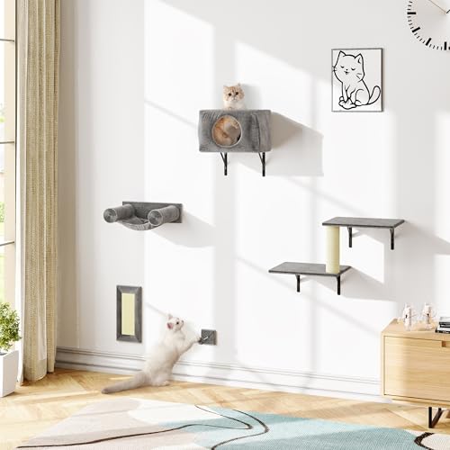 5-in-1 Wall-Mounted Cat Climber Set with House, Bridge, Steps, Scratcher, Hammock, Shelves E936035