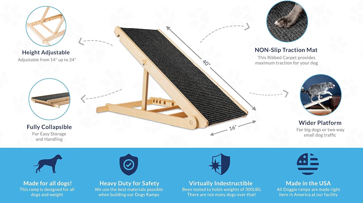 Adjustable Dog Ramp with Paw Traction Mat, 40" Long, 14” to 24”, Rated for 200LBS M9366