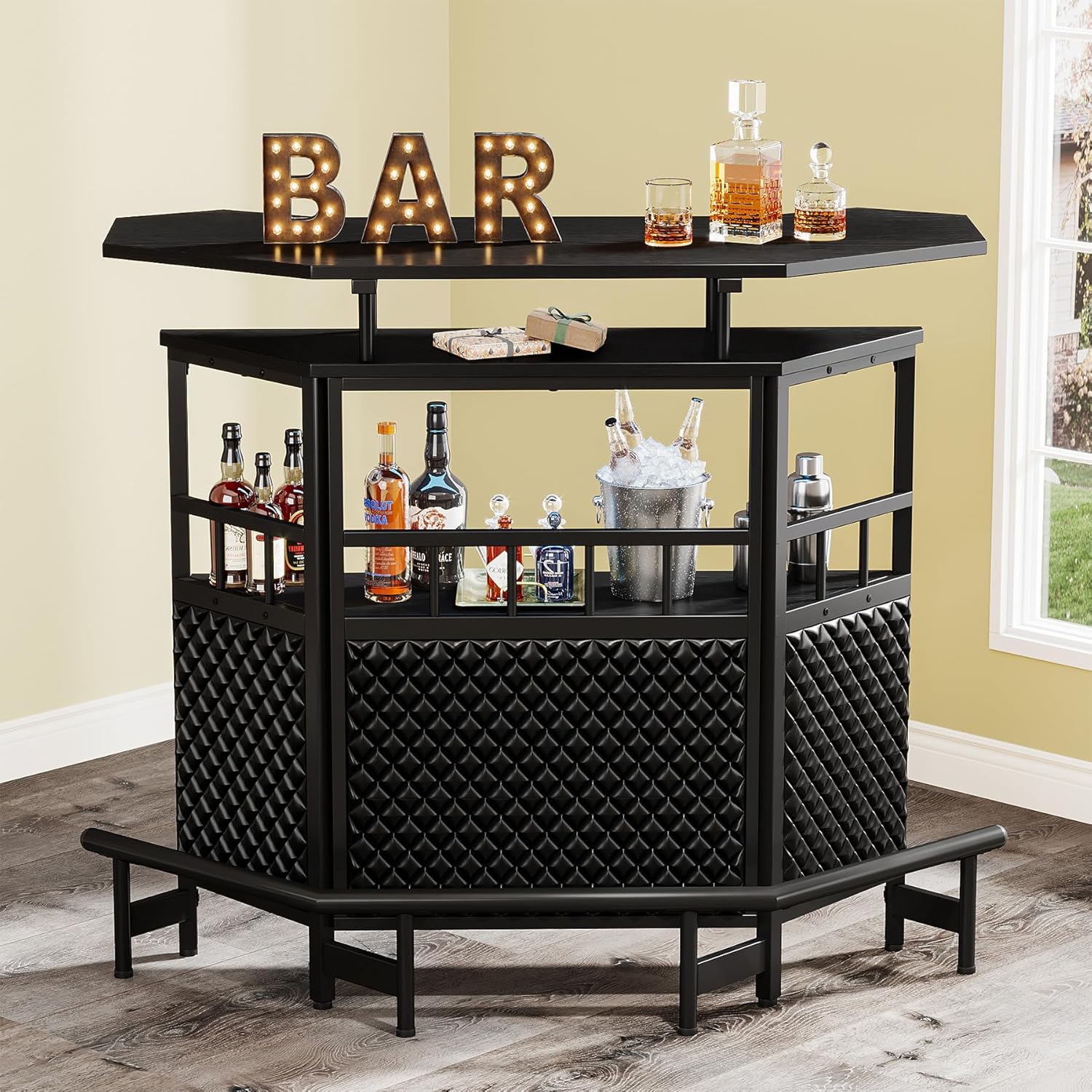 Black 4 Tier Bar Cabinet with Stemware Rack A401