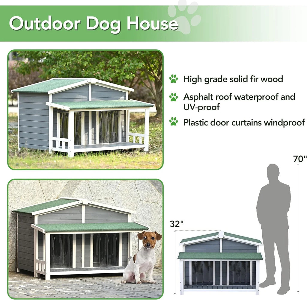 Gray Green Wooden Dog House with Porch 2 Doors Q801944