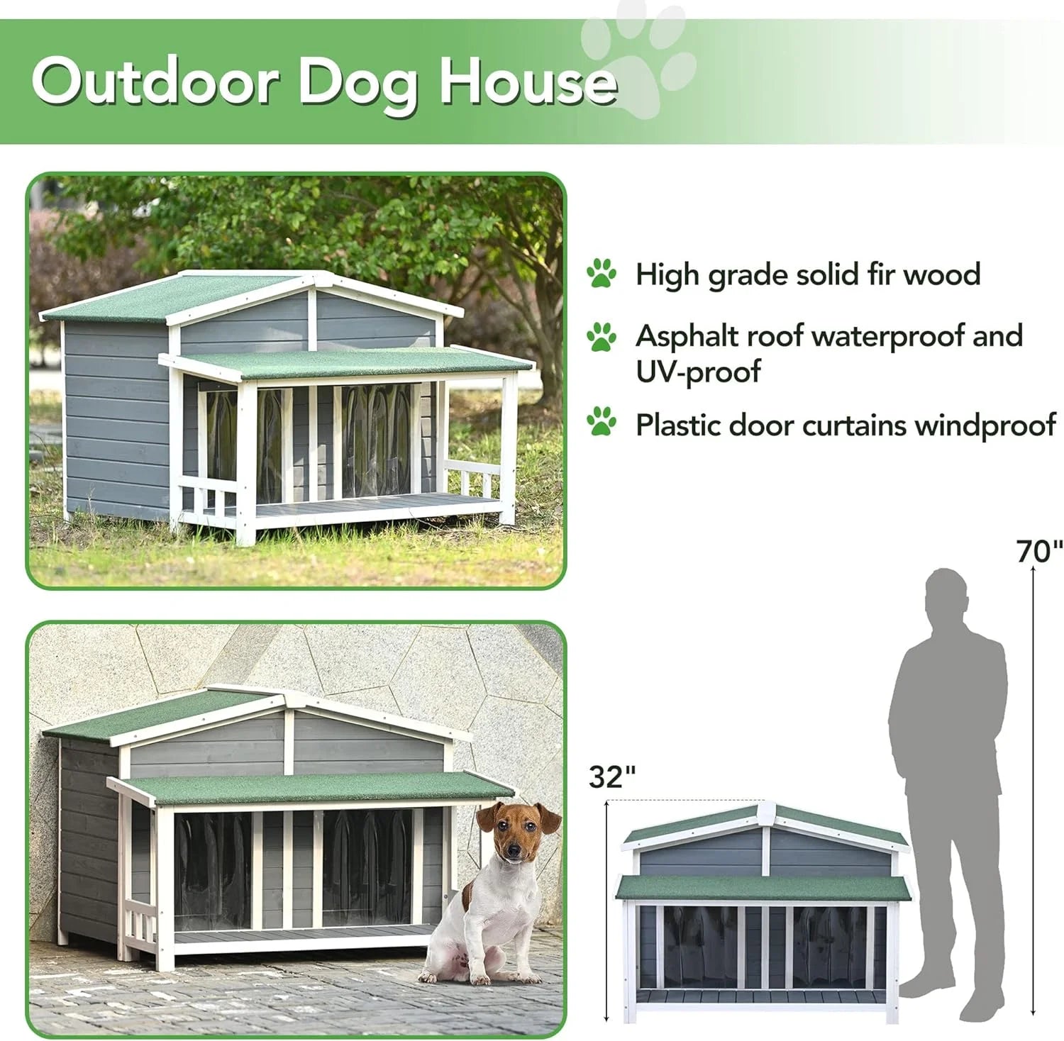 Gray Green Wooden Dog House with Porch 2 Doors Q801944