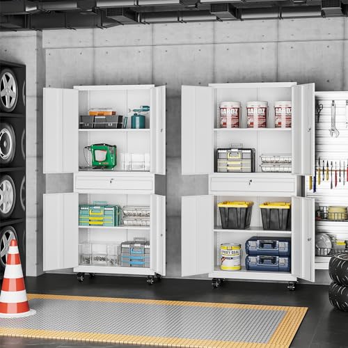 White Metal Storage Cabinet with Wheels and Locking Drawer A56320