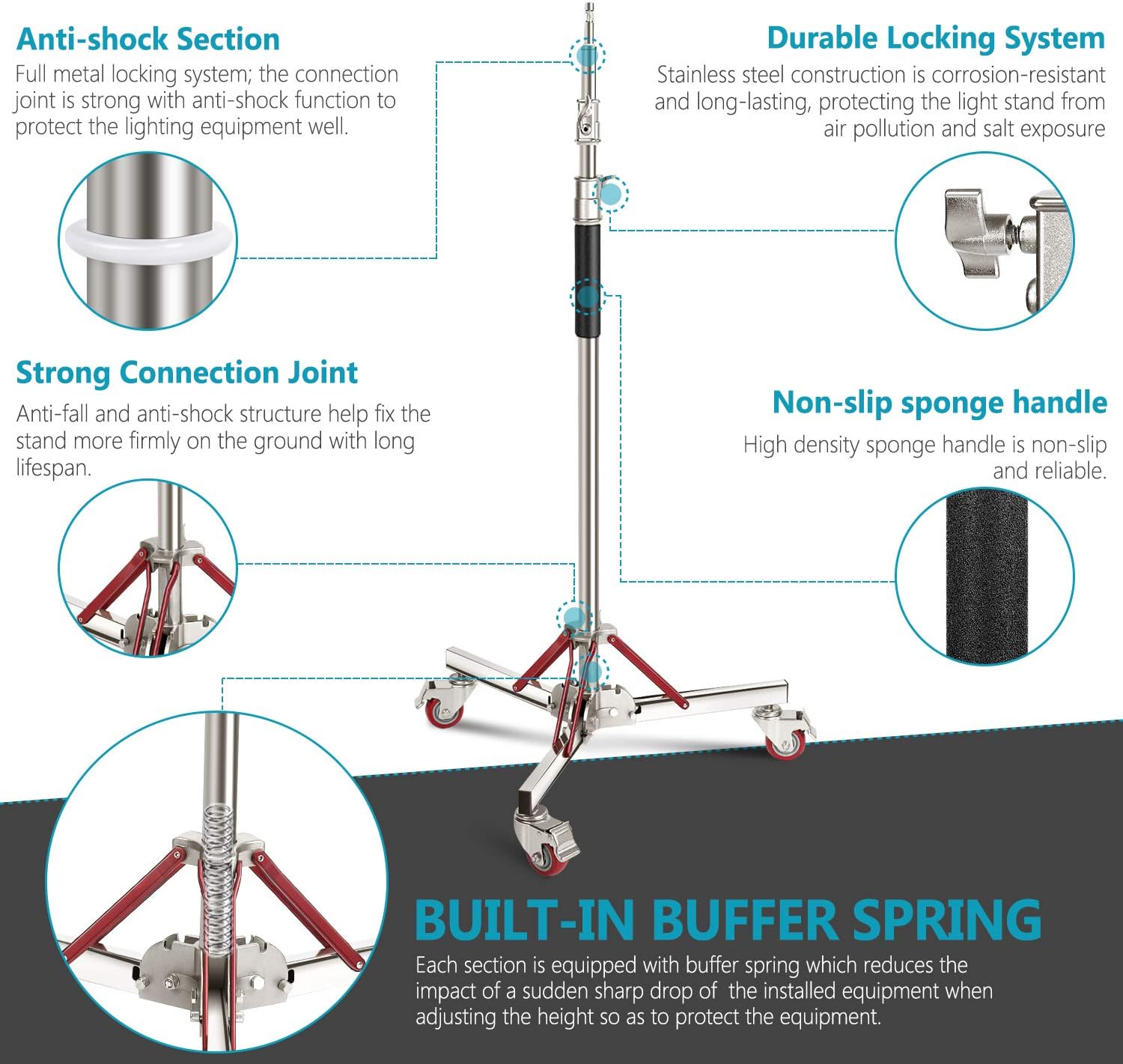 Heavy Duty Light Stand with Casters, Adjustable Tripod Stand, 100% Stainless Steel, Max Height: 10ft/305cm Y1320